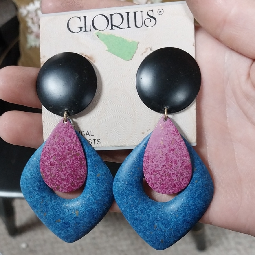 Vintage Metal Black, Pink, and Blue Dangle Earrings